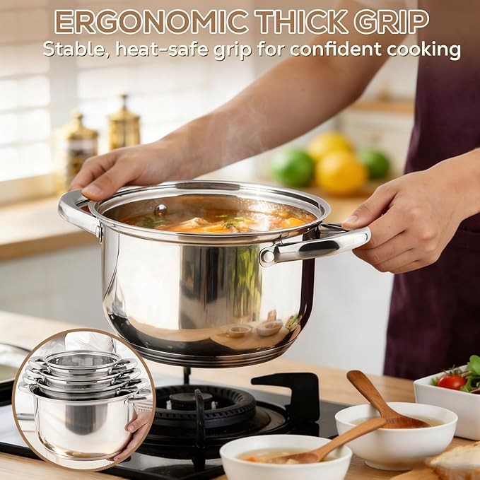 Stainless Steel Cookware Set - 15 Pieces Pots and Pans Nonstick Pot and Pan Set Includes 1 Frying Pans 5 Pots 6 Lids and 3 Utensils with Stay Cooling Handle Induction &amp Oven Safe