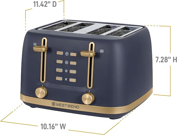 West Bend Timeless 4-Slice Toaster with 7 Browning Levels Bagel/Waffle/Defrost Settings High-Lift Lever Anti-Jam Easy-Clean Crumb Tray 4-Slice Blue/Gold