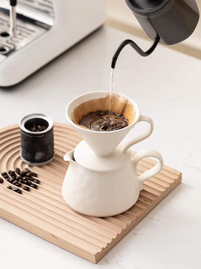 Pour Over Coffee MakerCeramic Coffee Maker With 40 pcs Paper Filter15oz/450ml Ceramic Pour Over Coffee Dripper（Off White）