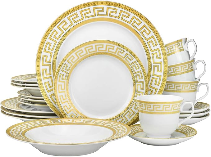 Vintage Gold 20 piece Dinnerware Dish Serving Set 'Greek Key Gold' - HQ Fine China Tableware Service for 4