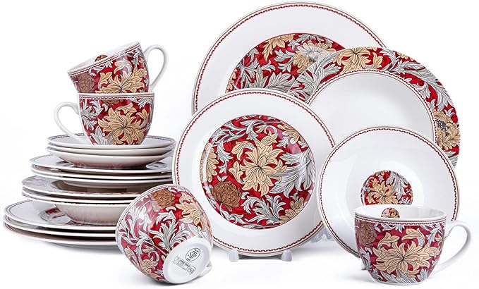 STPGoods 20-Piece Dinnerware Set - Porcelain Plates and Bowls Set with Mugs Dessert Salad Dinner Plates and Bowls Sets William Morris Floral Design Dishes Set - Service for 4
