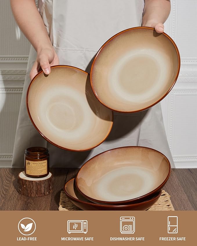 Double Bowls Dinnerware Sets 16 Pieces Brown Yellow