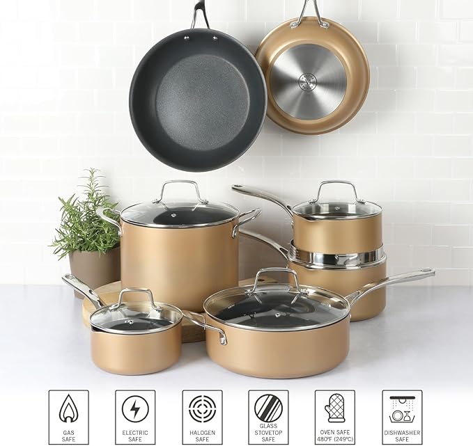 Martha Stewart 12 Piece Heavy Gauge Aluminum Hard Anodized Premium Nonstick Cookware Set Induction Safe Copper w/Black Interior