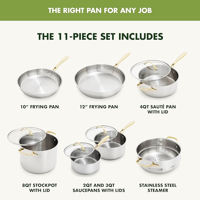GreenPan Stainless Steel Cookware Set 11 Piece Induction Cookware Dishwasher Safe Oven Safe to 600F Large 8QT Stock Pot Sauce Saute Frying Pans Pots &amp Pans Kitchen Essentials Gold
