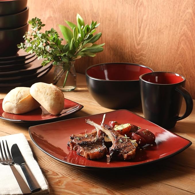 Square Dinnerware Set for 4 – 16-Piece Reactive Glaze Stoneware Dishes in Red Grey &amp White – Modern Microwave &amp Dishwasher Safe Plates Bowls &amp Mugs (Red)