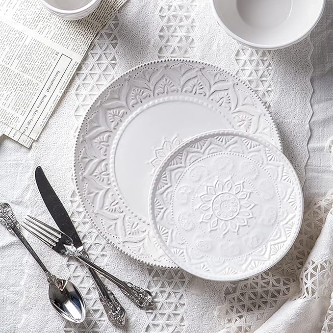 Ceramic Dinnerware Set 14 PCS Plates Set Dishes Set White Underglaze Dinner Sets - Retro Embossed Dinner Plate Soup Plate with Floral Pattern for Family Part