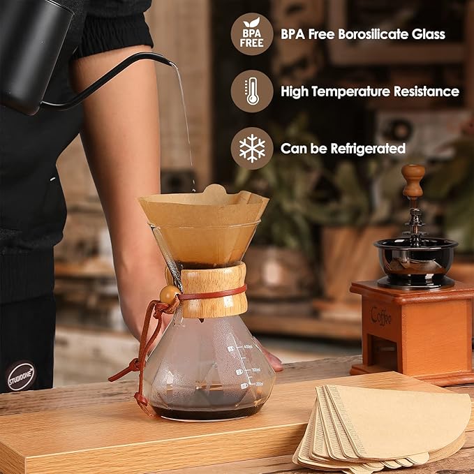 Puricon Pour Over Coffee Maker 15 oz with 40 Paper Filters Glass Coffee Dripper Holds 1 to 2 Cups Carafe Brewer for Home/Cafe Restaurant