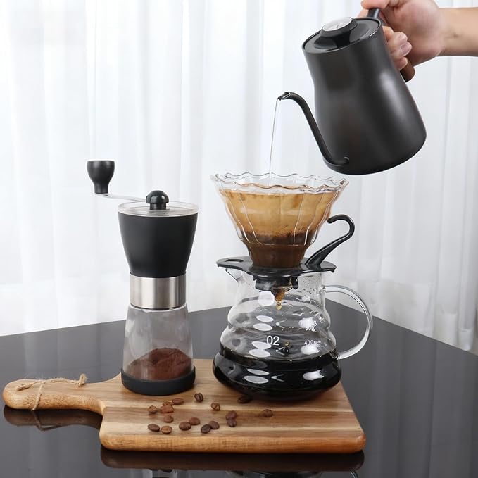 Pour Over Coffee Maker Set Portable coffee Set - Manual Coffee Grinder Coffee Dripper Set Gooseneck Kettletwo cups suitable for Camping RV Home and Office