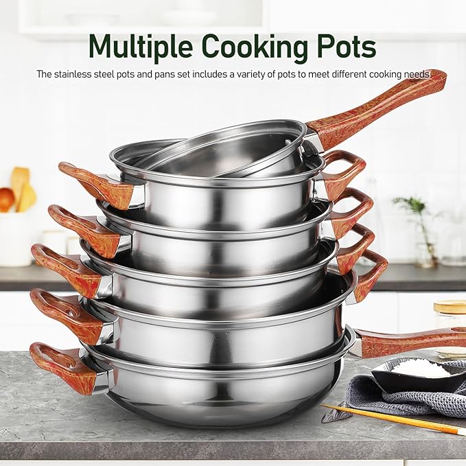 ABOOFAN 6pcs Nonstick Stainless Steel Cookware Set Grain Handles Versatile Pots and Pans for Induction Electric and Gas Stovetops Easy to Clean Cooking Pots Set