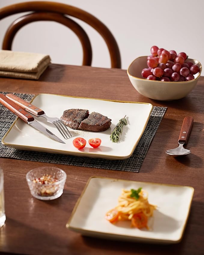 Famiware Dinnerware Sets for 4 Ocean Square 12-Piece Kitchen Plates and Bowls Sets Microwave and Dishwasher Safe Scratch Resistant Vanilla White