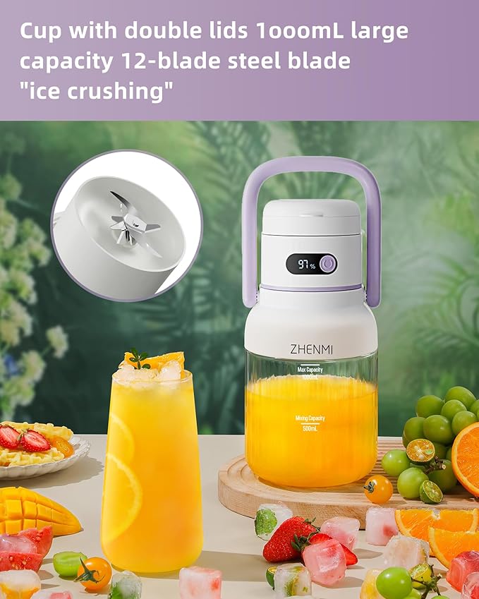 Portable Blender Personal Smoothie &amp Shake Blender 33oz BPA-Free Vessel Leakproof Lid with Sip Spout USB-C Rechargeable Detachable &amp Easy-to-Clean Purple