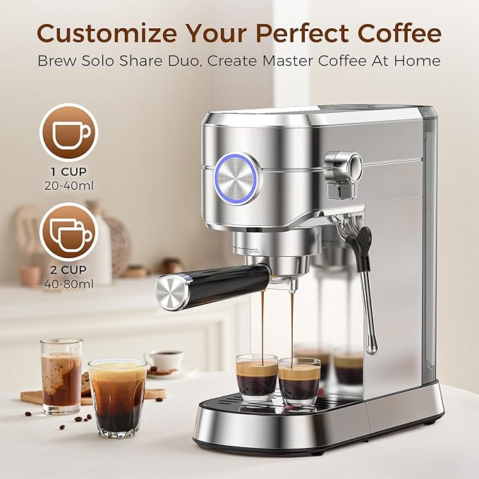 Kndko Espresso Machine 20 Bar Espresso Maker with Milk Frother Compact Stainless Steel Coffee Machine with 34oz Removable Water Tank for Cappuccino Latte