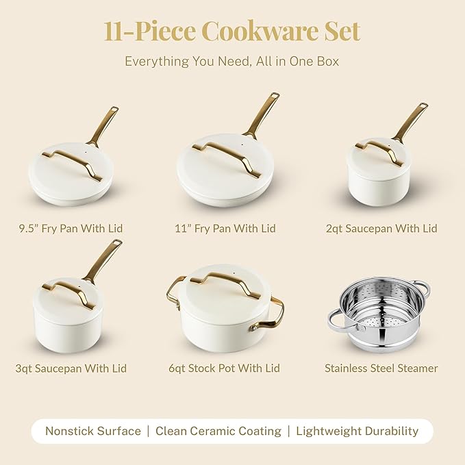 Gotham Steel 11 Pc Ceramic Pots and Pans Set Non Stick Kitchen Cookware Sets Ceramic Cookware Set Non Toxic Cookware Set Dishwasher Safe