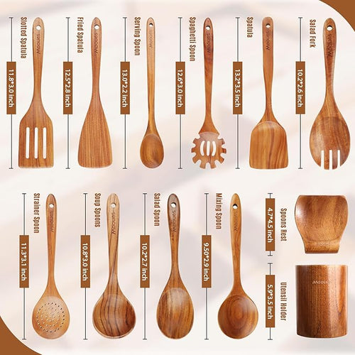12 Piece Wooden Spoons for Cooking Wooden Utensils for Cooking with Utensils Holder Natural Teak Wooden Kitchen Utensils Set with Wooden Spoon Rest Comfort Grip