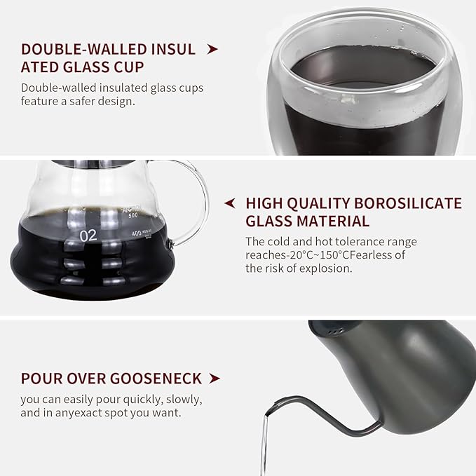 Pour Over Coffee Maker Set Portable coffee Set - Manual Coffee Grinder Coffee Dripper Set Gooseneck Kettletwo cups suitable for Camping RV Home and Office