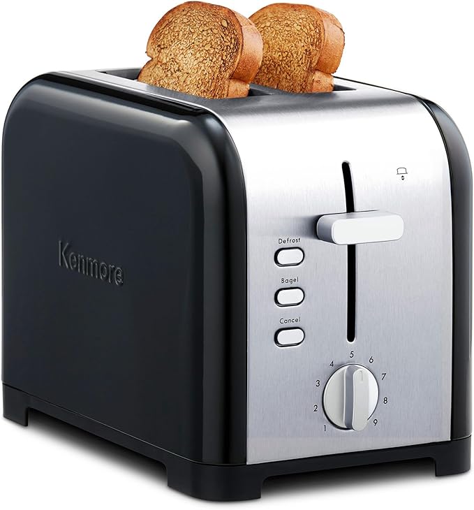 Kenmore toaster 2 slice - extra wide slot countertop kitchen appliance defrost function tostador de pan 9 shade settings compact design easy clean crumb tray bread bagel stainless steel &amp b
