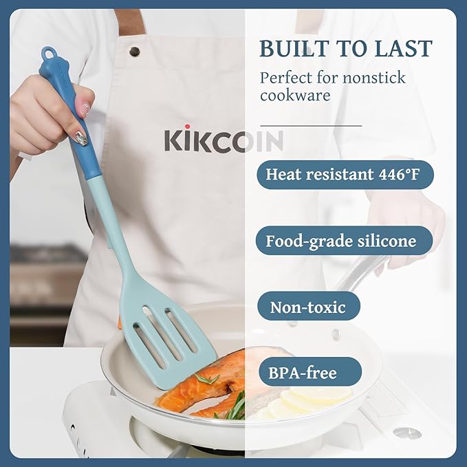 Kikcoin 43Pcs Large Kitchen Utensils Set - Silicone Cooking Utensils Set Dishwasher Safe Spatula Set for Non-stick Cookware 446°F Heat Resistant Kitchen Utensils Set with Holder BPA Free Blue