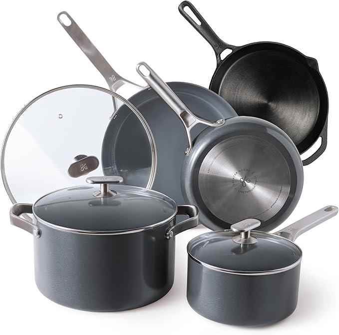 Greater Goods Savvy Ceramic Nonstick Cookware Set (Birch) 10 Piece Kit and 10 inch Cast Iron Skillet