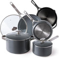 Greater Goods Savvy Ceramic Nonstick Cookware Set (Birch) 10 Piece Kit and 10 inch Cast Iron Skillet