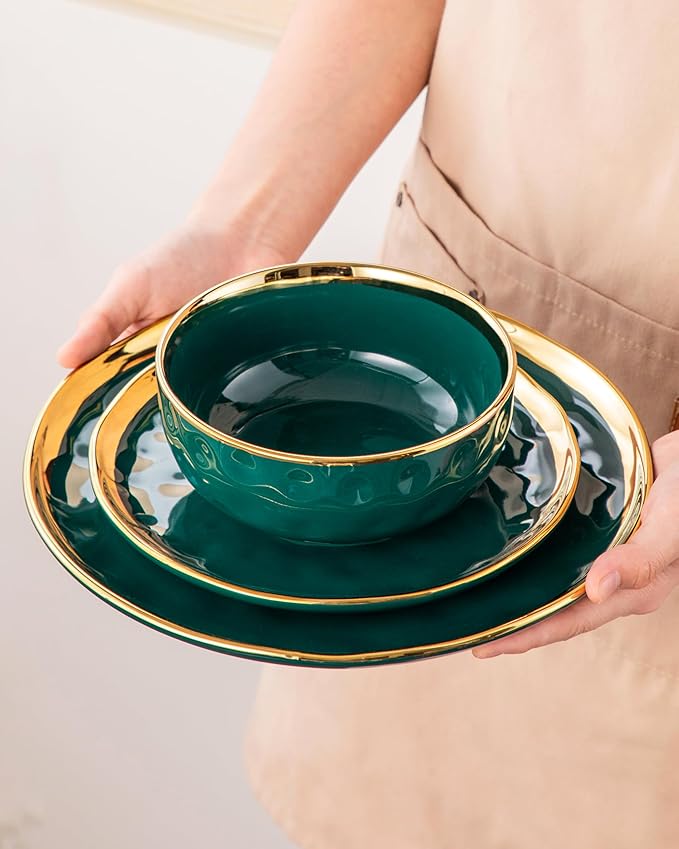 LOVECASA 12 Pieces Plates and Bowls Sets Porcelain Green and Gold Dinnerware Sets Round Dinner Plates Dishes Set Service for 4 Dishwasher Safe and Scratch Resistant Green