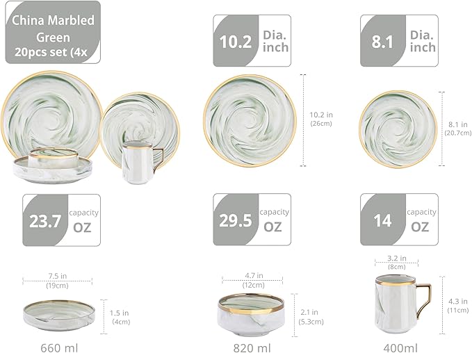 20 Piece Plates and Bowls Sets Fine China Artisan Marbled Dinner Set for 4 Dishwahser Safe Scratch Resistant Green with Gold Line