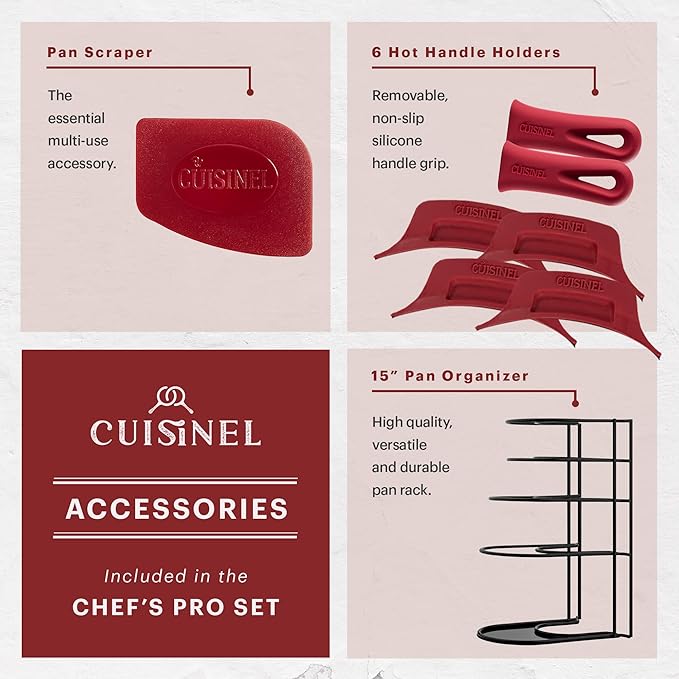 Cuisinel Cast Iron 18-Piece Preseasoned Cookware Set: 10+12 Skillets w/Lids + 5-Qt Dutch Oven + 10.5 Square Grill Pan w/Lid + Pizza Pan + Round Griddle + 15 Organizer +Scraper + Silicone Handle