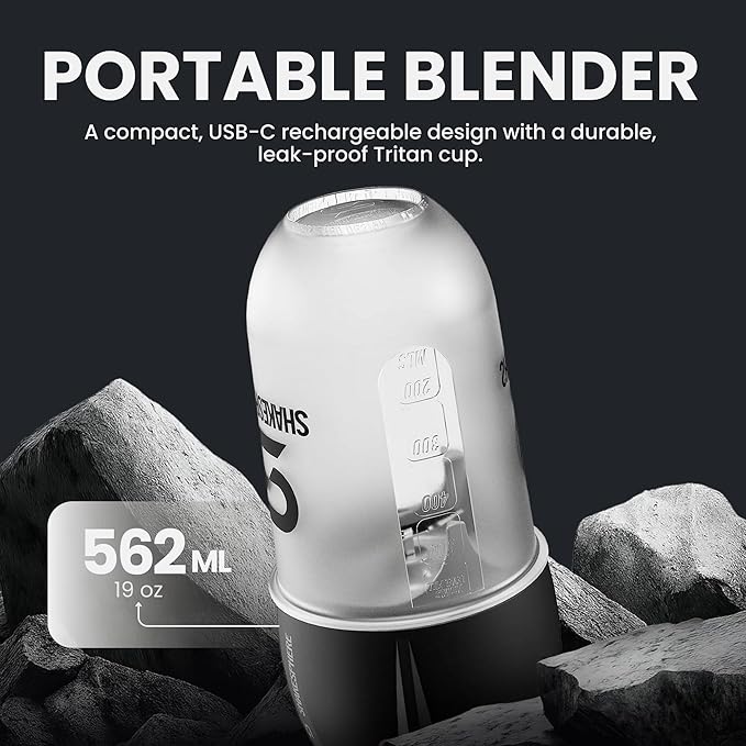 SHAKESPHERE Portable Blender for Shakes and Smoothies – 19oz Electric Personal Blender with Clear Tritan Cup USB-C Rechargeable Compact and Powerful for Travel Gym and Workout – Black