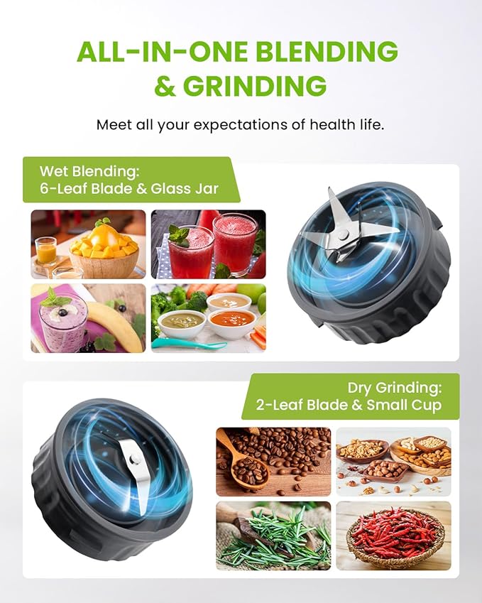 GDOR Blender 52 Oz Glass Jar Multi-Function Kitchen Blender &amp Grinder Combo 9 Functions with Shakes Puree Crush Ice and Chop Max 700W Self Cleaning