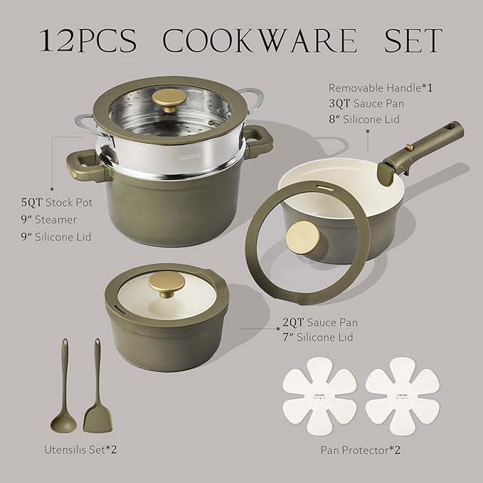 CAROTE Pots and Pans Set Nonstick Ceramic Cookware Set with Detachable Handles 5.5QT/3QT/2QT Non stick Stock Pot Non-toxic Induction Cookware PFAS and PFOA Free Olive Gree