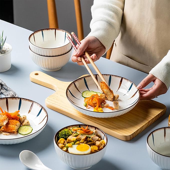 16 Pieces Dishware Sets Sophisticated Dinnerware Set for 4 Non-slip Bottom Plates and Bowls Dishes Sets High Temperature Firing Thick and Durability Safe and Healthy For Dessert Salad Soup Pasta