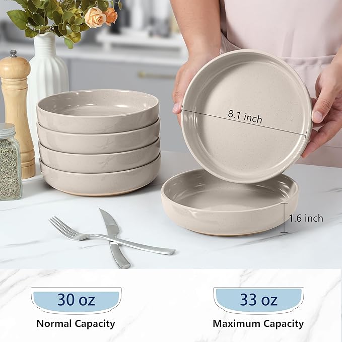 LIANYU 24Pieces Dinnerware Sets with Double Bowls Plates and Pasta Bowls Set for 6 Ceramic Dinner Dishware for Kitchen Dining Microwave &amp Dishwasher Safe Milky Brown