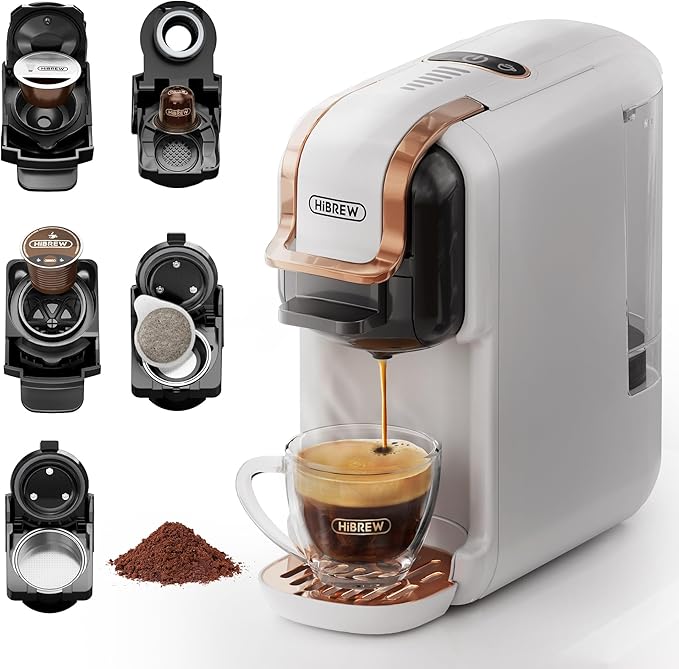 HIBREW H2B 5-in-1 Pod Coffee Maker - Compatible With 4 Coffee Capsule as Well as Espresso Powder Makes Iced Coffee Espresso Cappuccino Long Black. Hotel Kitchen Coffee Machine