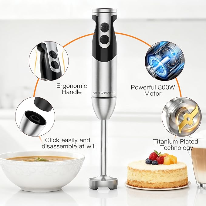 3-in-1 Immersion Hand Blender Powerful MOTOR 12-Speed Stick Blender with Sturdy Titanium Plated Stainless Steel Blades