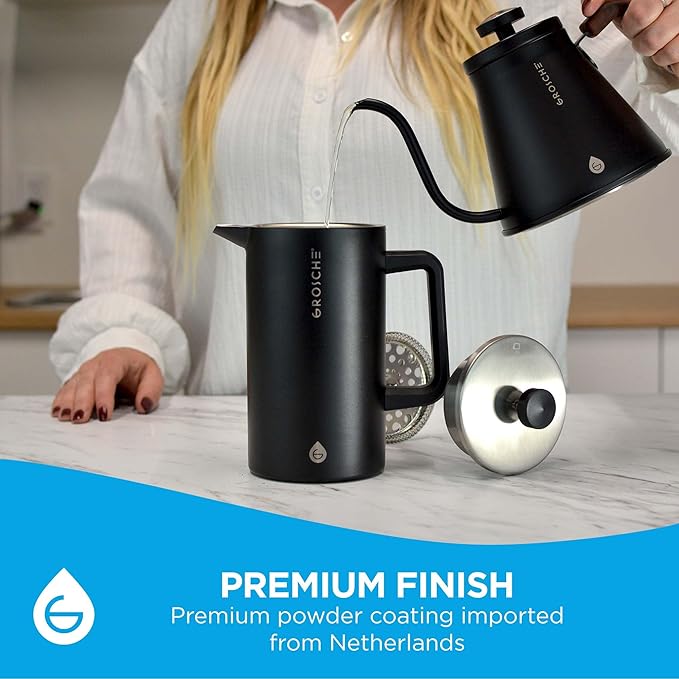 GROSCHE Dub'lin Stainless Steel Coffee Maker French Press 8 Cup | 34 FL Oz Coffee Press 18/8 Double Walled Stainless Steel French Press Coffee Maker - Hot/Cold Brew | Stainless French Press - BLACK
