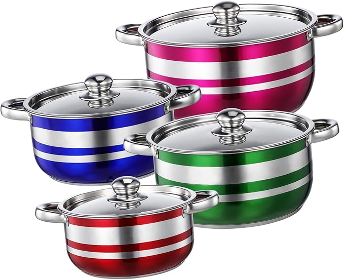 4pcs Stainless Steel Pot Set with Bottom Induction Compatible Stock Pots for Pasta Soup Cooking Kitchen Cookware for Home and Restaurant