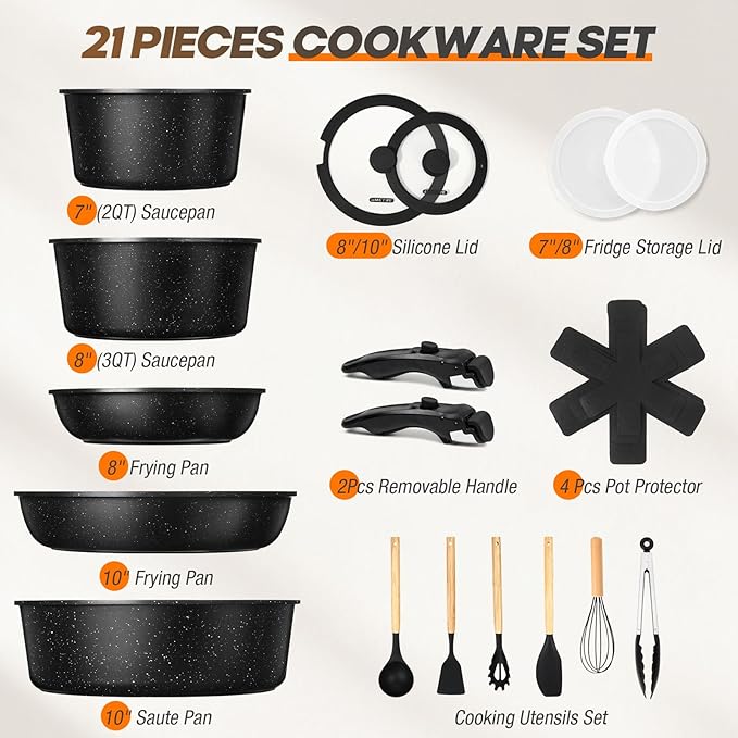pots and Pans Set Nonstick Cookware Set Detachable Handle Induction Kitchen Cookware Sets with Removable Handle Non Stick RV Cookware Set Dishwasher ＆ Oven Safe (21 PCS)