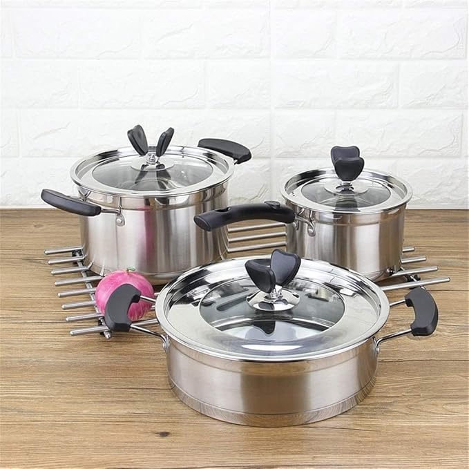 Pot Set Stainless Steel Cookware Set Kitchen Cookware and Cookware Set of 3 Suitable for All Stoves Including Induction Cookers Cookware Cooking Set(A)