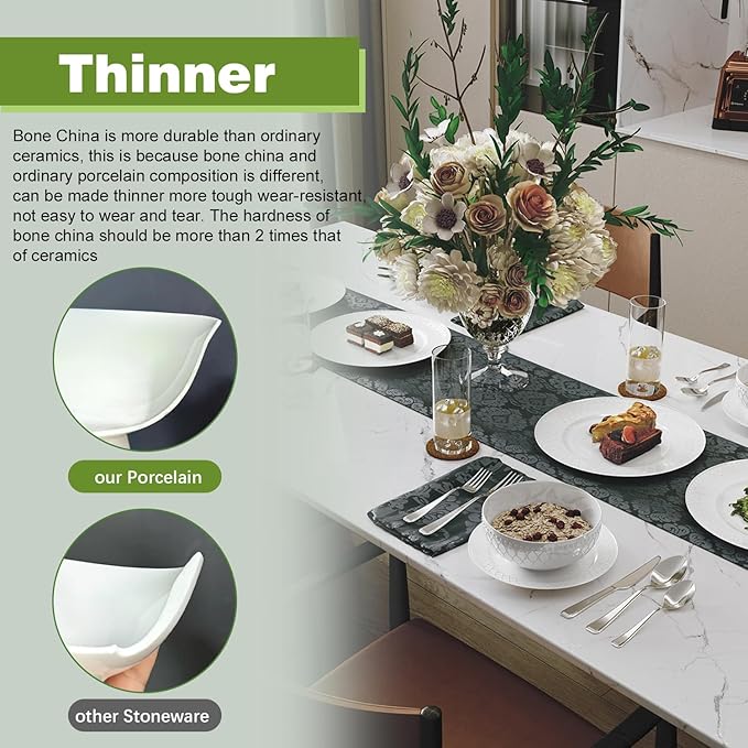 Yoshy 12-Piece White Bone China Dinnerware with Lightweight Durable Chip Resistant Design Service for 4 (18 Piece - Service for 6 Interlace)