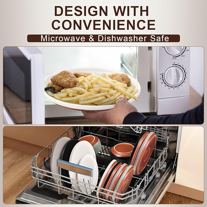 E-far 18-Piece Stoneware Dinnerware Sets Plates and Bowls Sets for 6 Ceramic Dishware Dishes Set with Terracotta Base Chip &amp Scratch Resistant Microwave &amp Dishwasher Safe Speckled White