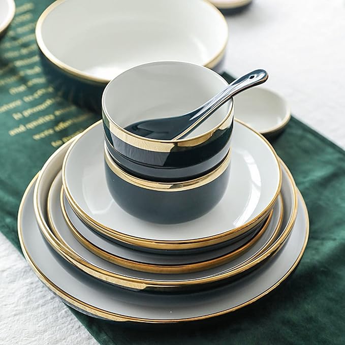 18 Piece Dinnerware Set Service for 4 People Plates and Bowls Sets Round Gold Trim Ceramic Dinner Set Porcelain Dinnerware Set Dish Set Tableware Multiplayer Set Salad Bowl HOM