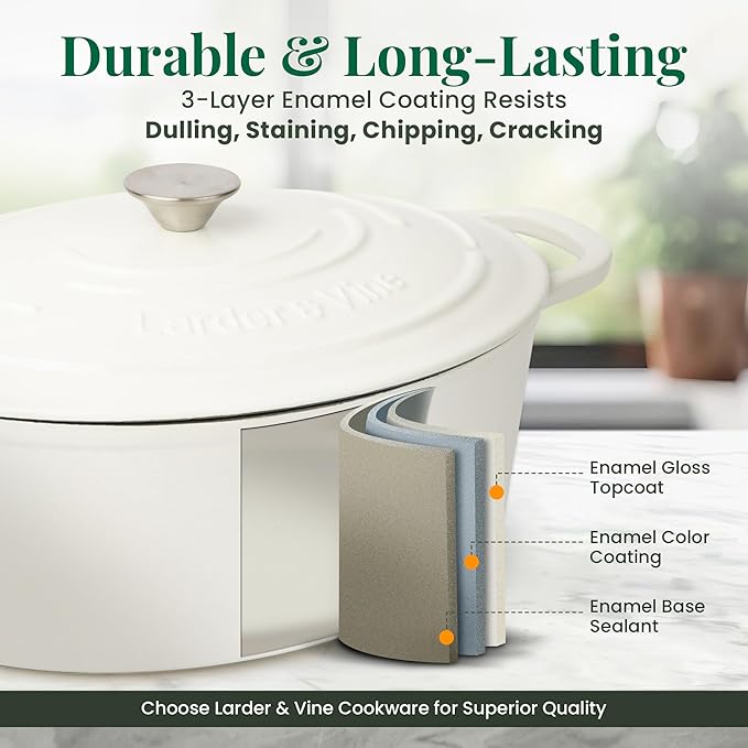 Larder &amp Vine Enameled Cast Iron 8 qt Dutch Oven Pot with Lid | Bread Baking | Compatible on All Cooktops &amp Oven Safe to 500° F | Great for Sourdough Bread | White