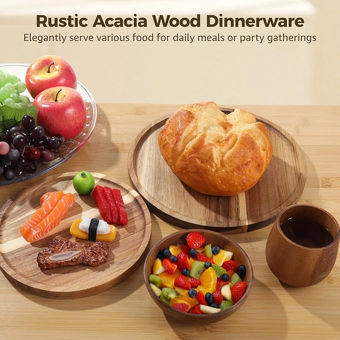 16 Pcs Acacia Wood Dinnerware Set Includes 4 pcs 9.8-in Round Plates 4 pcs 7.9-in Round Plates 4 Solid Wood Bowls and 4 Tea Cups Easy to Clean &amp Lightweight Perfect for Meals Snacks &amp D