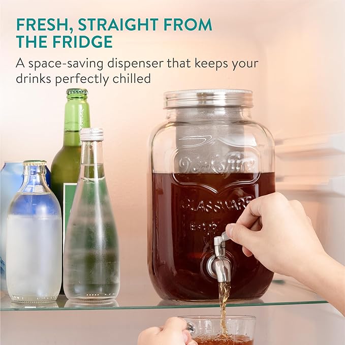 Navaris Cold Brew Coffee Maker - 1 Gallon(4L) Iced Coffee Maker with 18/8 Stainless Steel Leakproof Spigot Mason Jar Glass Drink Dispenser Beverage Dispenser with Filter
