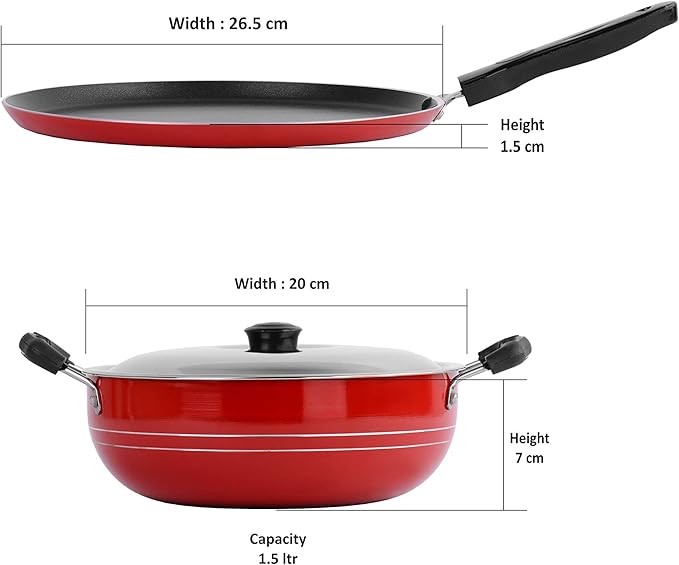 Sumeet Ruby Aluminium Dosa Tawa Kadhai With Lid 1.5 L 1 Dosa Tawa1 Kadhai With Lid (Red)