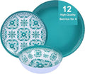 Webbylee Melamine Dinnerware Set12-Piece Plate and Bowl SetsUnbreakable Dish Set Service for 4–Dishwasher Safe&ampLightweight DishesGreen Dinnerware for Indoor/Outdoor Use Gift