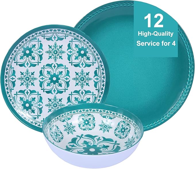 Webbylee Melamine Dinnerware Set12-Piece Plate and Bowl SetsUnbreakable Dish Set Service for 4–Dishwasher Safe&ampLightweight DishesGreen Dinnerware for Indoor/Outdoor Use Gift