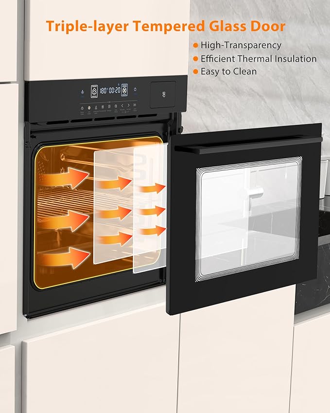 Built-in 24 Electric Wall Oven - 70L Volume 2.5Cu.ft 8 Cooking Functions including Air Fry 3000W Power 3D Surround Heating Technology Touch Control Panel Double-Layer Glass Door Modern Black D