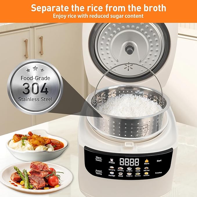10 in 1 Low Carb Cooker with Steamer Low Sugar 2L Rice Cooker Smart Control Multifunction Rice Cooking 24hr Delay Timer 8hr Keep Warm for White/Brown Rice Porridge and Soup