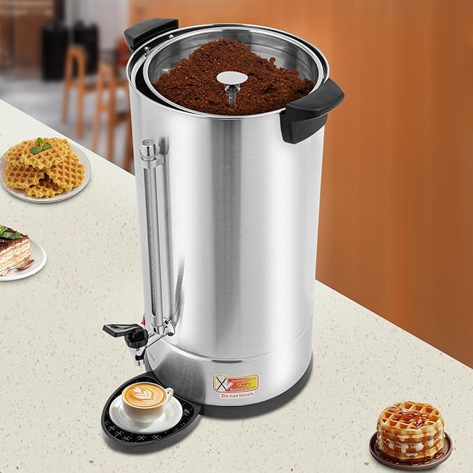 25L Stainless Steel Coffee Urn Commercial Electric Hot Water Dispenser with Dripping Tray No-Temp-Knob Silver Boiler for Catering Party Church Office Large Capacity Percolator Brewer Coffee Maker
