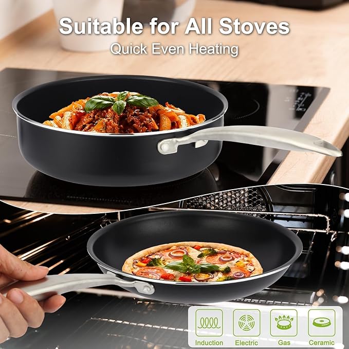 5PC Induction Cookware Set with Tempered Glass Lids Ultra Nonstick Pots and Pans Set with Stainless Steel Handle Oven Safe and Dishwasher Safe Non Toxic &amp Granite Cooking Set Black